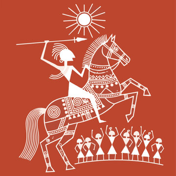 Warli art illustration of tribal warrior on horse, traditional Indian folk painting with spear and sun, ethnic terracotta wall art vector isolated PNG with Transparent Background
