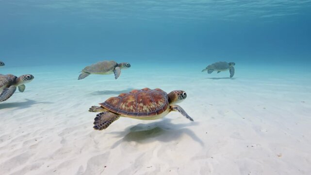 Several sea turtles swim gracefully in clear blue ocean water over sandy seabed.