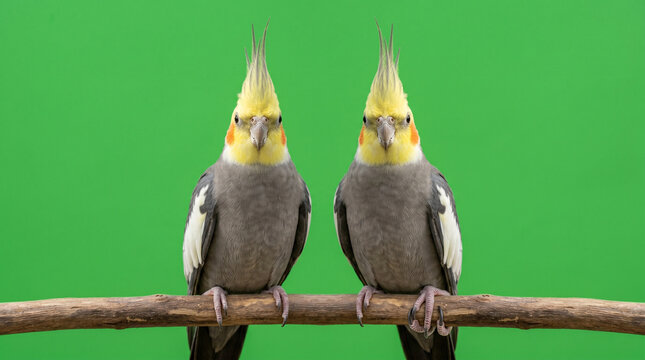 Two cockatiel parrots with yellow heads and prominent crests perched on a natural branch against a vibrant green screen ideal for pet care companionship or exotic bird themes