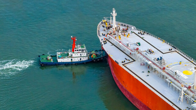 Aerial view LPG tanker ship at sea, LPG tanker ship at Cai Mep port, Ba Ria Vung Tau, Ho Chi Minh City, Vietnam. Logistic and maritime transportation of petroleum, terminal loading tanker ship