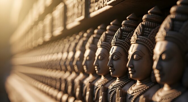 Row of Lord Vishnu Dashavatara stone idols in a temple gallery for puja and prayer