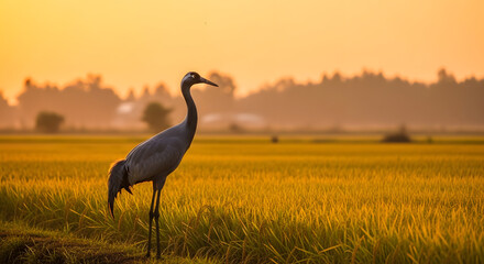 Obraz premium Majestic crane standing in a golden field at sunset, creating a serene and picturesque landscape