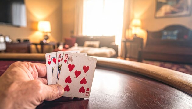 A hand dealt a perfect straight flush in hearts cards, slightly worn but clearly victorious in a game of poker