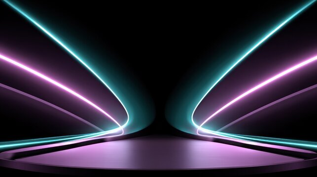 Symmetrical glowing neon light trails curve dramatically over a reflective stage surface in darkness