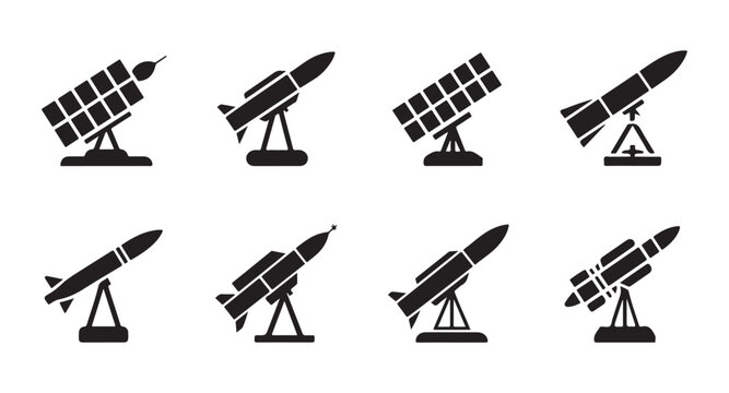 Missile launcher systems icons including mobile rocket batteries and surface to air defense units for army projects.