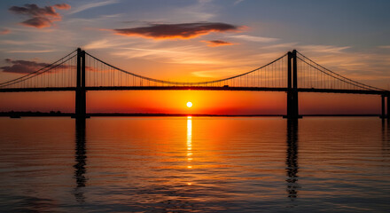 Obraz premium Majestic bridge illuminated by the golden hues of a breathtaking sunset over calm waters reflecting the sky