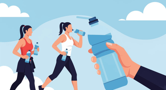 Flat vector illustration of two women in athletic wear jogging and drinking from plastic water bottles against a blue sky with clouds, highlighting hydration and fitness.