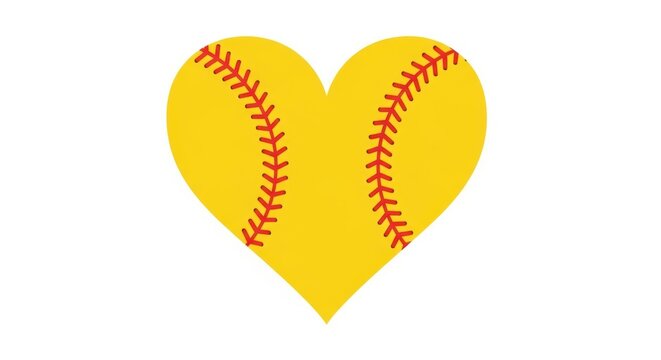 Softball heart graphic with red stitching, yellow softball heart icon on white background, athletic sports love symbol for team apparel and fan gear
