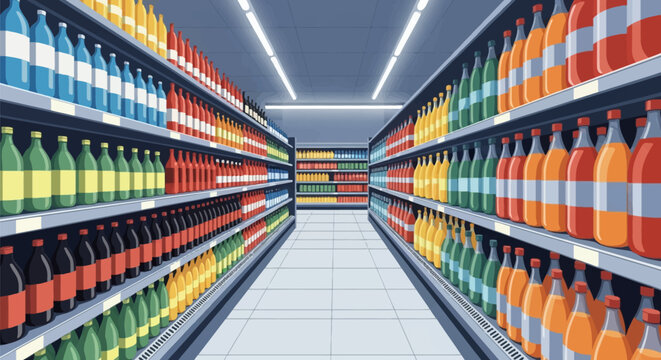 Vector illustration of a supermarket grocery aisle with organized shelves stocked with rows of colorful beverage bottles including soda, juice, and water with blank white labels.