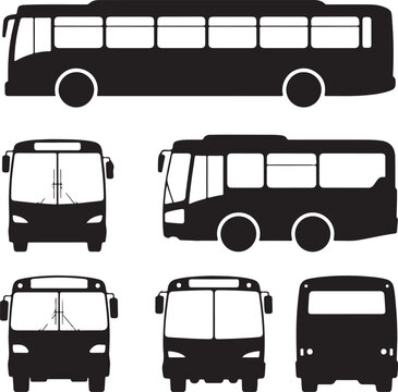 Black and white vector icons of a city bus shown from different angles - side, front and rear view. Simple, clean silhouette style for easy use in design projects.