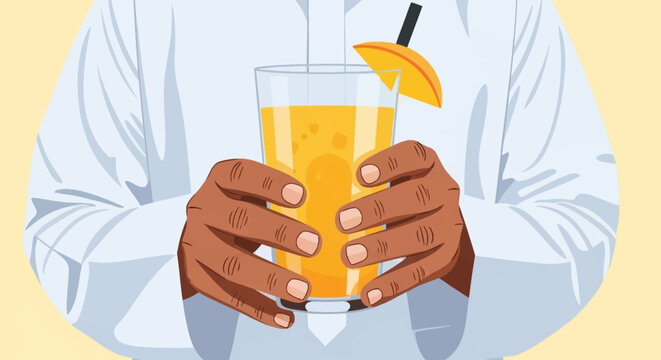 Close-up vector illustration of an Arabian man's hands in white traditional clothing holding a glass of chilled orange juice with a citrus slice garnish and a straw.