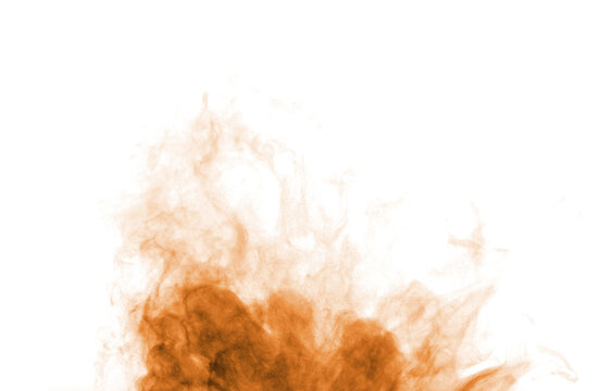 powder explosion, brown sand dust, and smoke rising on white background. abstract smoke vapor form for cinematic composition design, fire energy motion. glowing atmospheric texture for visual effects