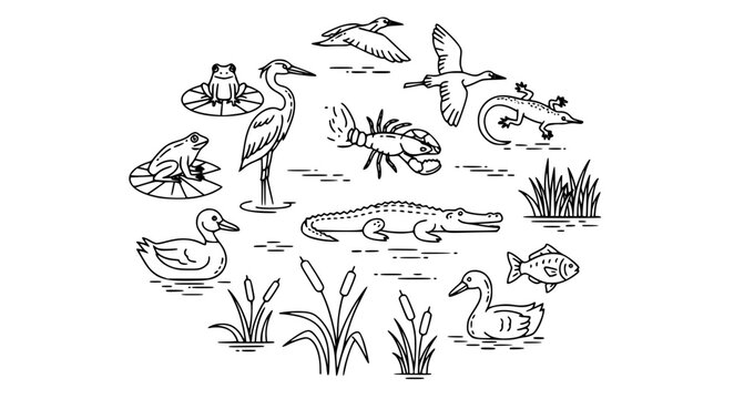 Wetland Wildlife Outline Icon Set Slough Animals Editable Stroke Nature Vector Pack