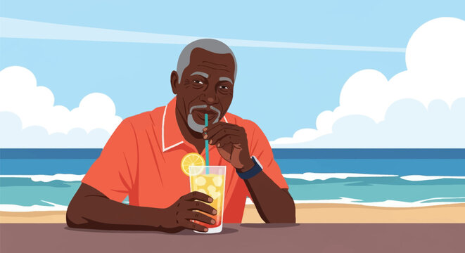 Vector illustration of a senior African American man with a gray beard drinking a cold cocktail through a straw on a tropical beach with blue ocean waves and white fluffy clouds.