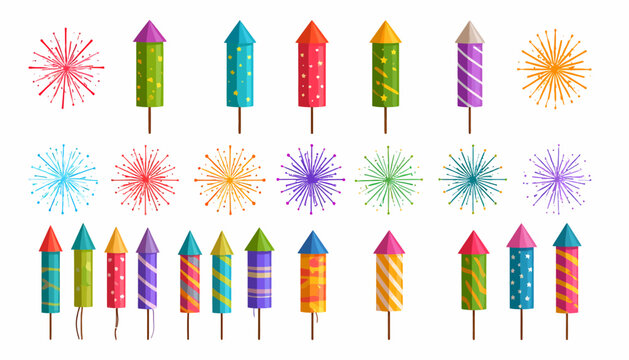 Collection of colorful firework rockets and exploding fireworks for celebrations and events