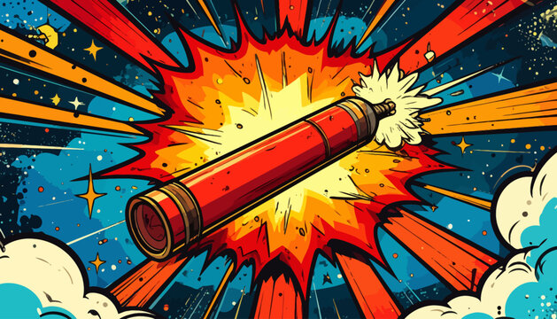Energetic cartoon firecracker icon exploding with colorful radial lines and starry background
