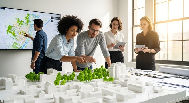 Diverse Team of Architects and Urban Planners Designing Sustainable Green City Model in Modern Office Studio