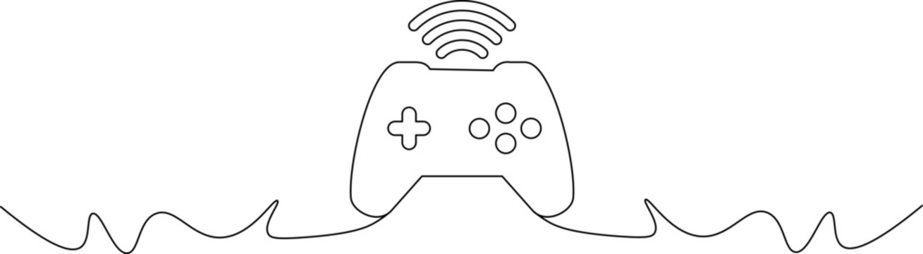 A simple line drawing of a video game controller with a Wi-Fi signal above it, surrounded by wavy lines on a white background