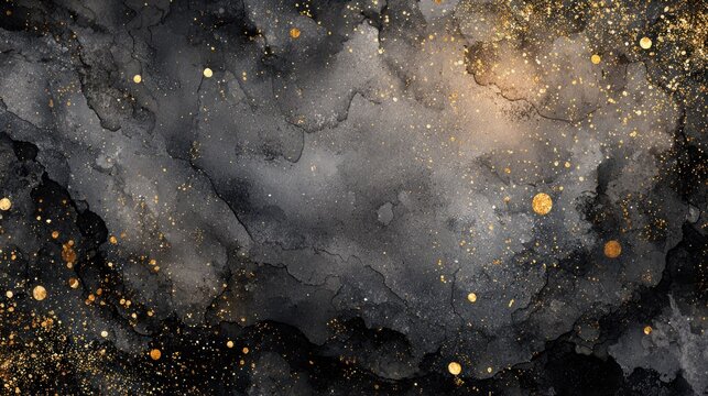Dark and moody abstract background featuring deep gray washes mixed with abundant golden sparkles