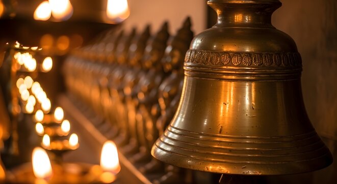 Traditional brass temple bell glowing with warm light from oil lamps creating a spiritual atmosphere during a Hindu ceremony.
