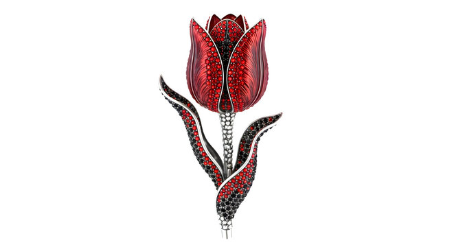 Red tulip brooch with black and red stones on transparent background