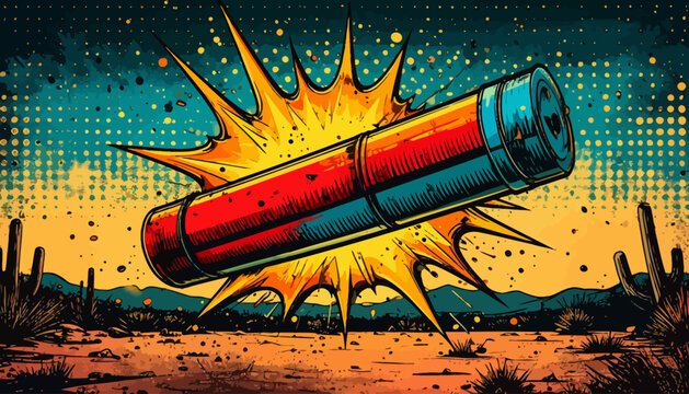 Vibrant Retro Cartoon Dynamite Explosion in a Desert Landscape with Classic Comic Halftone Art