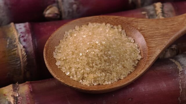 Cane sugar crystals on a wooden spoon with sugarcane
