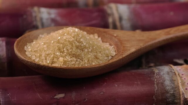 Cane sugar crystals on a wooden spoon with sugarcane