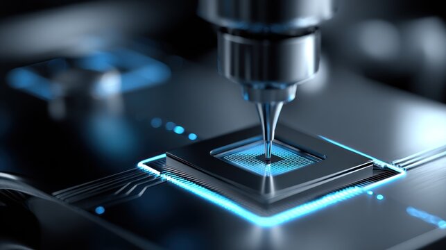 Precision machinery interacts with a glowing microchip component during automated assembly