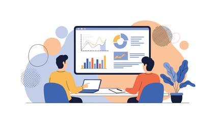 Naklejka premium Business data analysis team examining various financial charts and marketing graphs on a large digital screen interface.