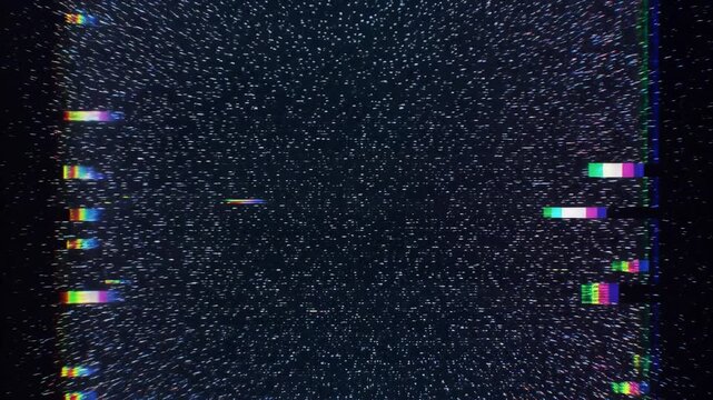 Cinematic digital glitch effect with vibrant color distortion and static noise, expanding outwards against a dark textured background, symbolizing data corruption