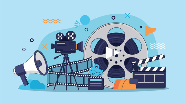Professional cinematography and film production equipment including camera and clapperboard with megaphone on blue background.