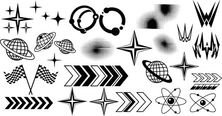 Y2K aesthetic graphic elements bundle with futuristic stars planets racing flags and chrome chrome shapes for modern streetwear design vector illustration © Kanon Islam
