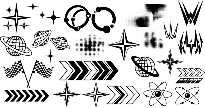 Y2K aesthetic graphic elements bundle with futuristic stars planets racing flags and chrome chrome shapes for modern streetwear design vector illustration