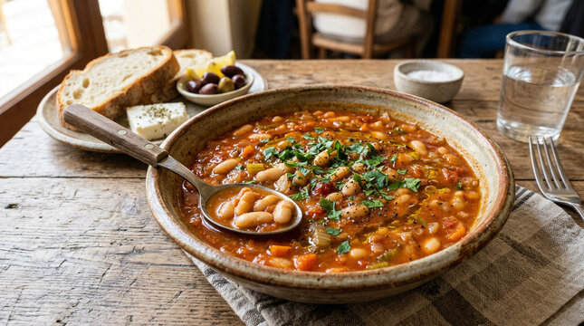 Greek fasolada bean soup with vegetables