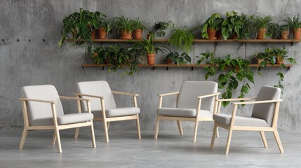 Obraz premium Four contemporary light wood framed armchairs are arranged before a textured concrete wall adorned with tiered shelving holding numerous potted greenery.