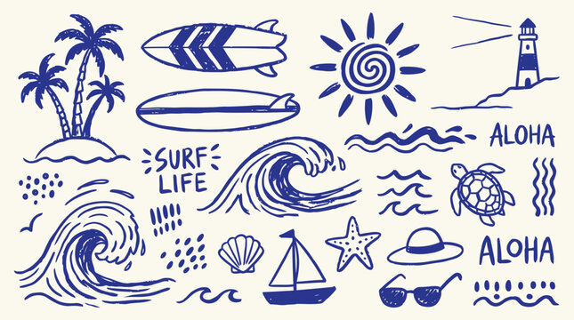 Set of summer beach hand drawn doodle elements with surfing objects and sea animals.
