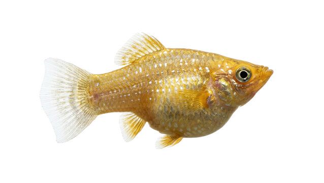 Golden mosquito fish swimming sideways detailed scales on transparent background