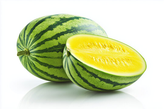 Yellow watermelon with sliced pieces fresh sweet fruit isolated on white background
