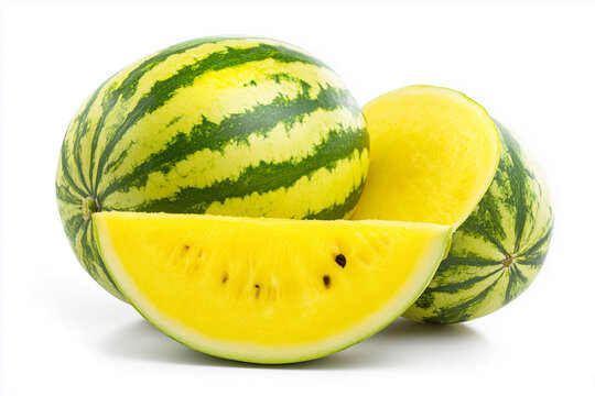 Yellow watermelon with sliced pieces fresh sweet fruit isolated on white background

