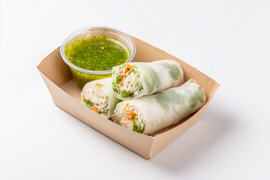 Fresh spring rolls with vegetables and dipping sauce asian cuisine isolated on white background
