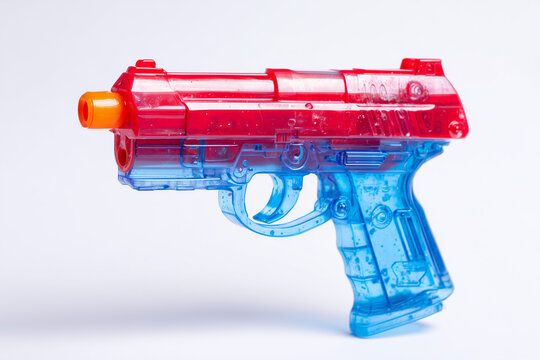 Transparent plastic toy water gun with playful design isolated on white background, Water gun in summer festival.
