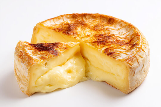 Baked cheese wheel with melted creamy interior gourmet dairy food isolated on white background
