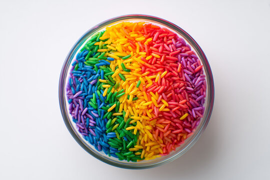 Colorful rainbow rice in bowl vibrant food concept isolated on white background
