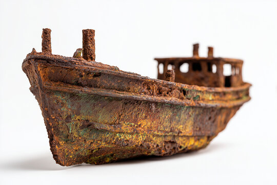 Rusty abandoned shipwreck with corroded metal texture maritime decay concept isolated on white background
