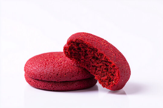 Stacked red velvet cookies with cream filling vibrant dessert concept isolated on white background
