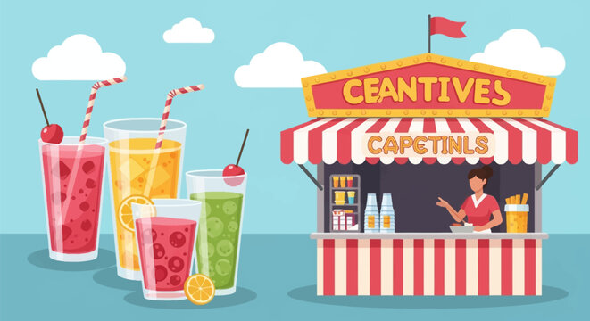 Flat vector illustration of a carnival beverage concession stand featuring a female worker and an assortment of colorful iced drinks with straws, cherries, and lemon slices.