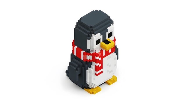Pixelated penguin figurine with red scarf in 3D voxel art style