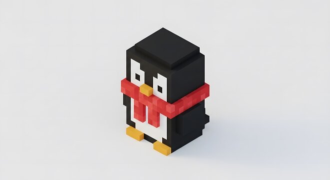 3D voxel penguin with red scarf on white background