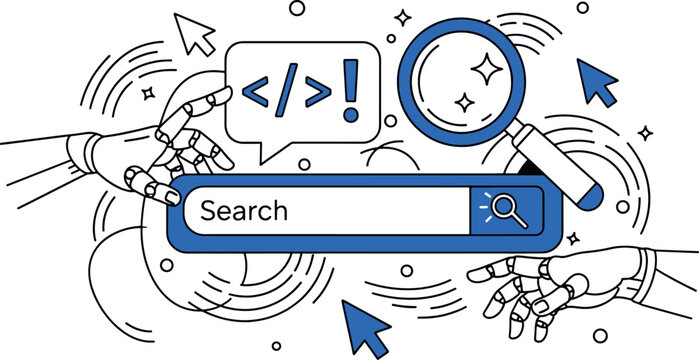 Artificial Intelligence Robot Hands Interaction with Digital Search Bar and Web Programming Code Interface Elements Flat Line Design Vector Illustration